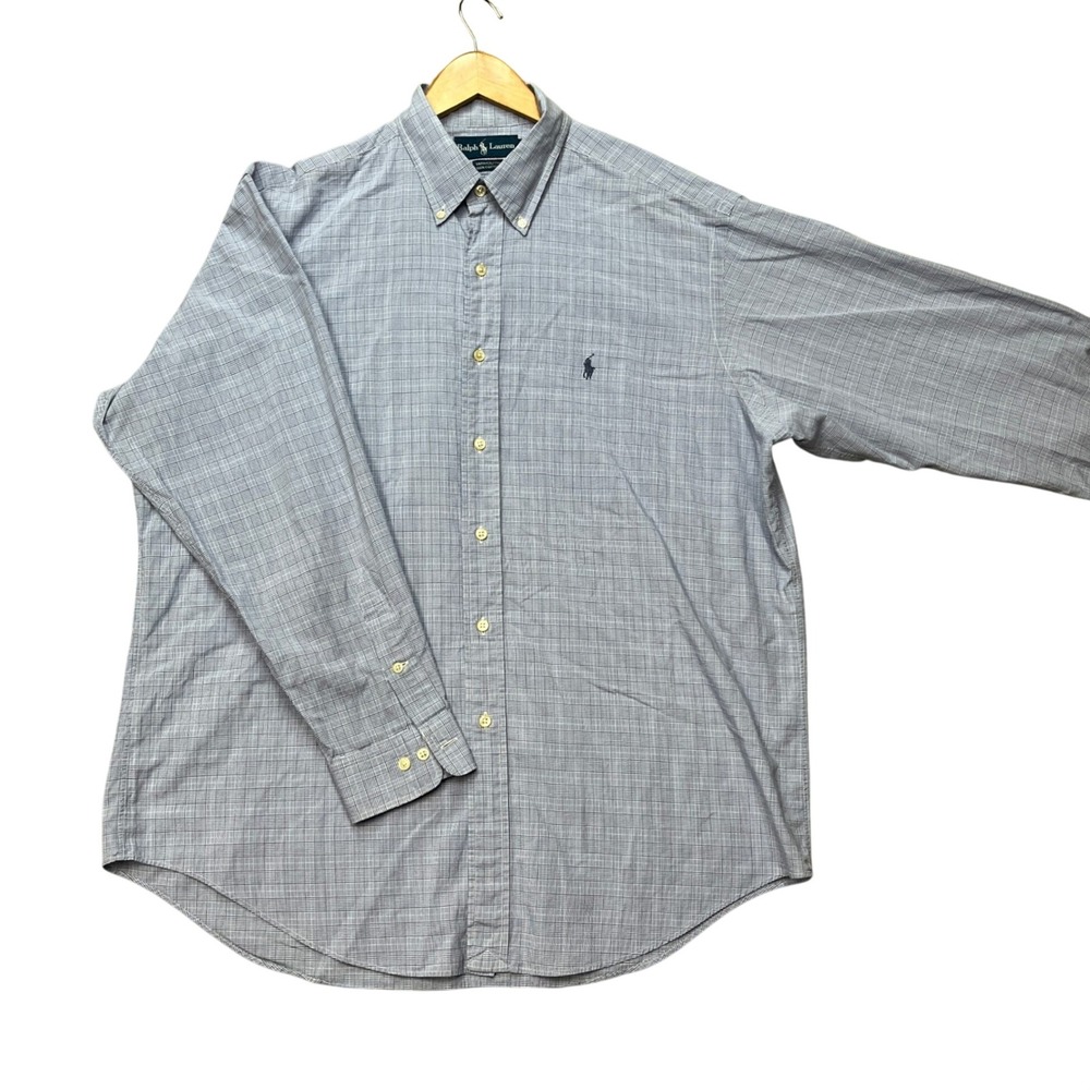 Ralph Lauren Button Down Shirt Mens 16.5 34/35 Blue Plaid Yarmouth PONY
